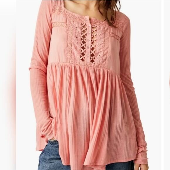 NWT Free People Pretty Please Lace Tunic Top Rosetta Pink Size Medium - Picture 1 of 6